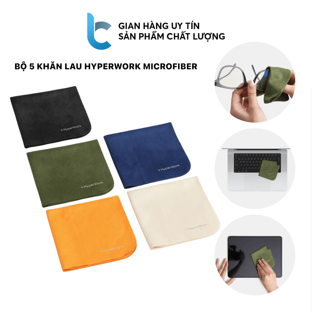 Bộ 5 Khăn Lau HyperWork Microfiber CC01 Mềm Mịn Lau Sạch Mọi Bề Mặt Không Gây Trầy Xước 5 Màu