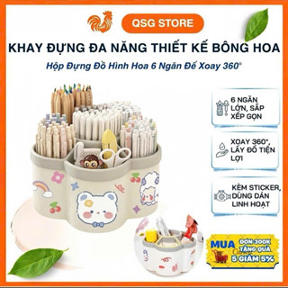 Hộp Đựng Bút Thước, Cọ Make Up Hình Bông Hoa 6 Ngăn Đế Xoay 360° – Khay Đựng Dụng Cụ Học Tập Cứng Cáp Kèm Sticker Dán