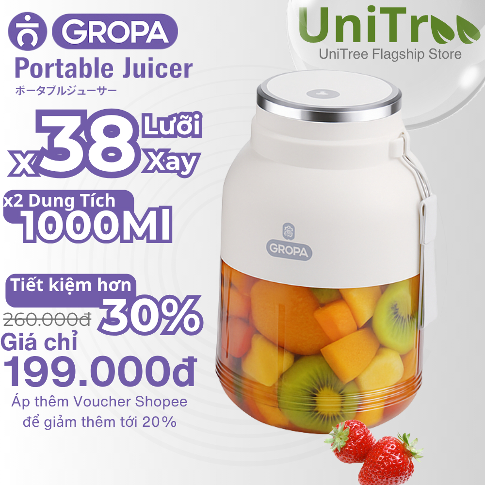 Máy Xay Sinh Tố Cầm Tay GROPA  38 Lưỡi 1000Ml Kèm Nắp Chống Tràn + Ống Hút Silicon