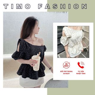 Áo trễ vai nữ Timo, áo kiểu nữ tay bèo chấm bi – dáng xòe tiểu thư dễ thương AOT033