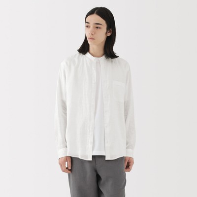 MUJI Áo Sơ Mi Nam Cổ Trụ Tay Dài Vải Linen Washed