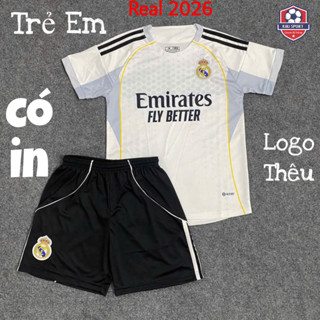 [Đồ trẻ em in theo yêu cầu- Kiki Sport ] Quần áo bóng đá trẻ em Real Madrid trắng 2025/46 Chất thun lạnh Siêu đáng yêu