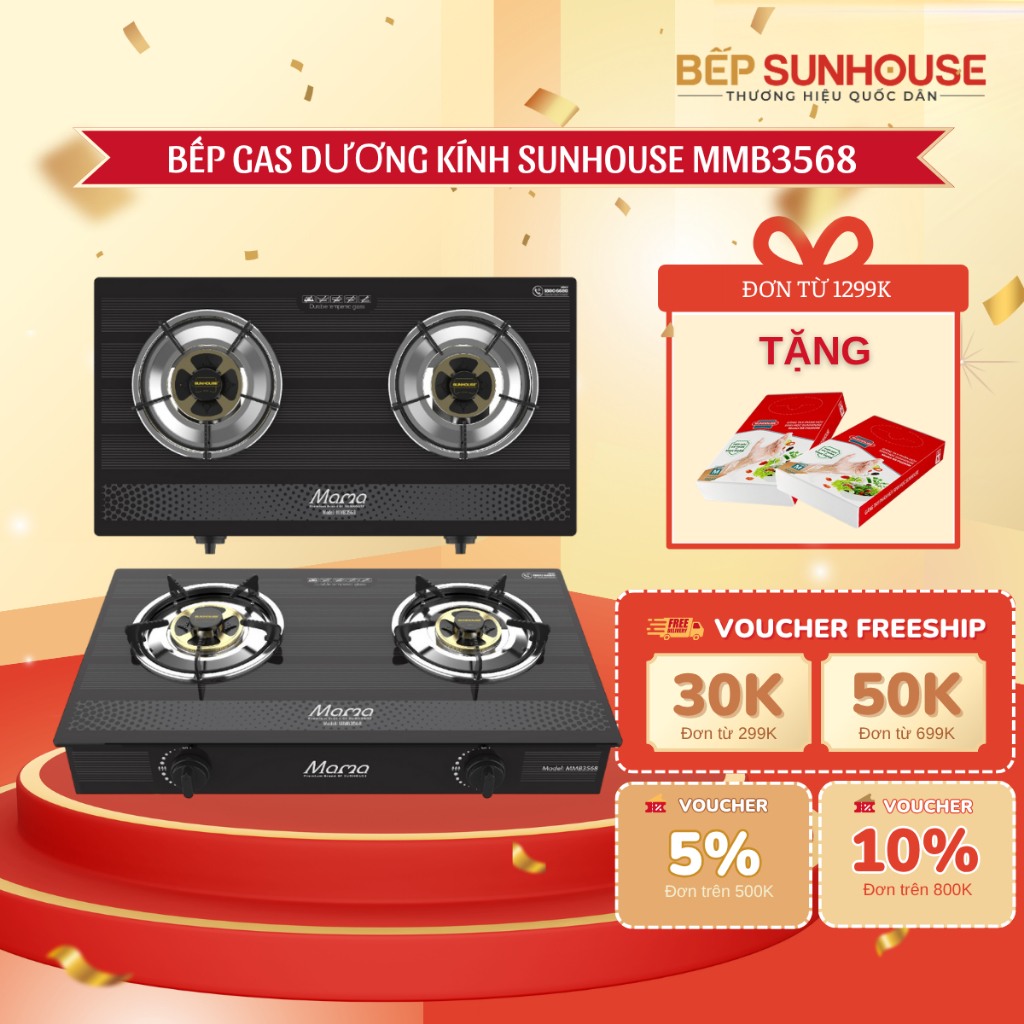 [BOOK HOẢ TỐC]-BẾP GAS ĐÔI DƯƠNG KÍNH SUNHOUSE - Tiết kiệm Gas, Bảo hành toàn quốc
