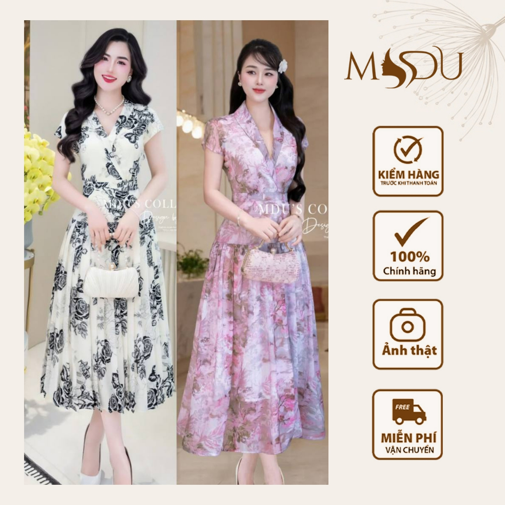Váy Dạo Phố BST MDU4959 Dáng Váy Xòe Nhẹ Chân Váy Xếp Ly Cùng Cổ V Cách Điệu Thanh Lịch Từ MDU