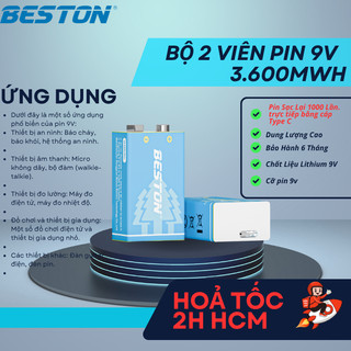 Bộ 2 viên Pin 9V Sạc Type-C Beston 3600mWh 9VC-10CV Lithium dùng cho micro, đồ hồ đo điện,chuông báo