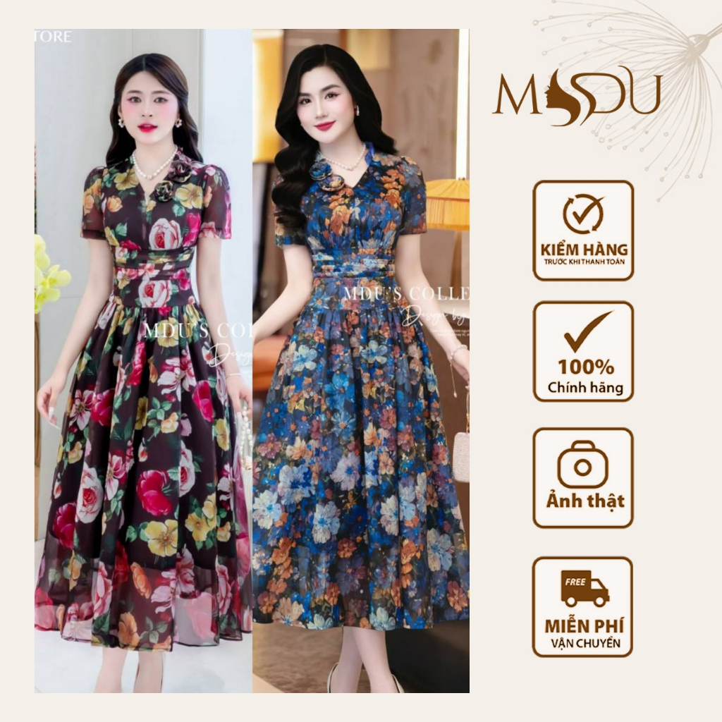 Váy Thiết Kế BST MDU4791 Cổ V Thanh Lịch Phối Tay Ngắn Duyên Dáng Và Phần Eo Xếp Ly Tinh Tế Từ MDU
