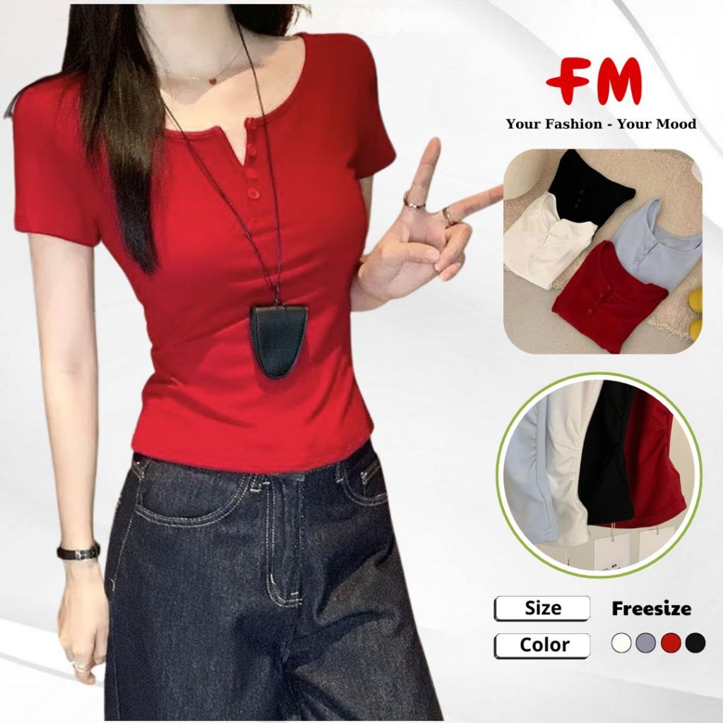 Áo Thun Nữ, Áo Kiểu Slimfit FMSTYLE Tay ngắn Nhún Eo 4 Nút màu tôn da tôn dáng Freesize  25070040