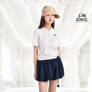 Áo thun polo thiết kế thêu hoa áo kiểu nữ cổ sen dáng lửng tiểu thư Linchic A-AL6 