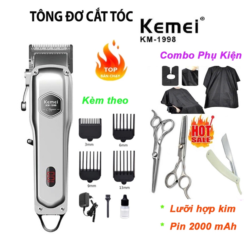 Tông đơ cắt tóc gia đình Kemei 1998, Tăng đơ cắt lông chó mèo, hoạt động êm nhẹ và bền bỉ, pin 2000mAh