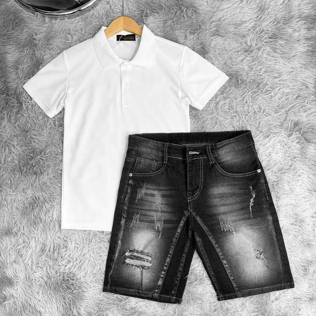 COMBO ÁO POLO TRẮNG TRƠN TAY NGẮN PHỐI QUẦN SHORT JEAN XÁM ĐEN RÁCH VẨY SƠN, CHẤT COTTON CO DÃN, THO