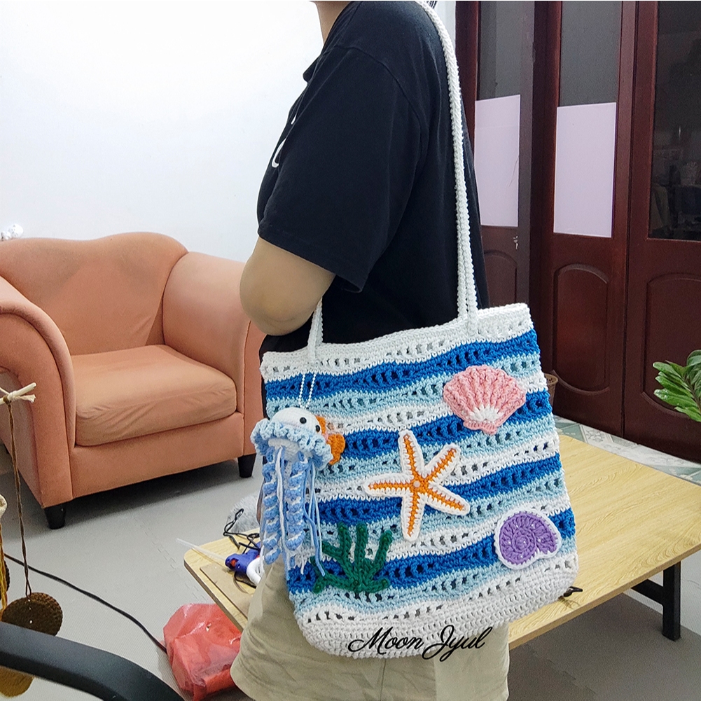 Túi tote họa tiết sóng biển bằng len handmade | Handmade crochet ocean vibes summer beach tote bag