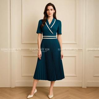 Đầm váy midi TMY cổ vest phối viền xếp ly hàng xuất dư xịn vải thun cát mềm co giãn