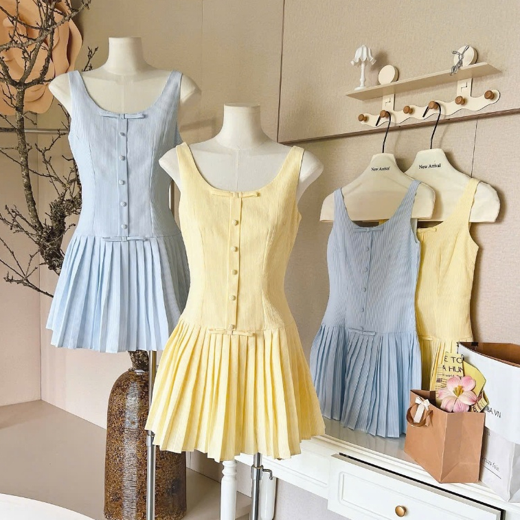 Váy kẻ hai dây phối nơ ngực dáng đuôi cá xếp ly phong cách tiểu thư Hàn Quốc 24Febstudio VN99 | BigBuy360 - bigbuy360.vn