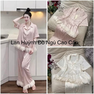 Bộ ngủ mặc nhà pijama tiểu thư  lụa lyly Quảng Châu cao cấp cánh hoa ở gấu tay ngắn