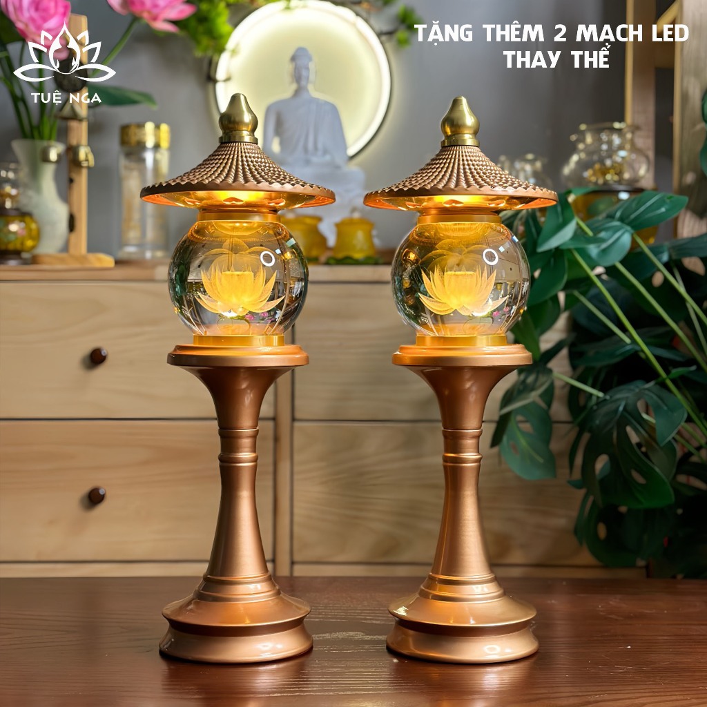 Đèn Thờ Hoa Sen Pha Lê Hình Cầu, Kiểu Mái Ngói, Thân Hợp Kim Nhôm Sơn Đồng, Đèn Thờ Led - Tuệ Nga