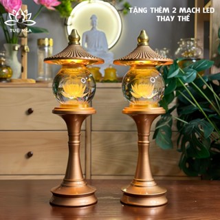 Đèn Thờ Hoa Sen Pha Lê Hình Cầu, Kiểu Mái Ngói, Thân Hợp Kim Nhôm Sơn Đồng, Đèn Thờ Led - Tuệ Nga