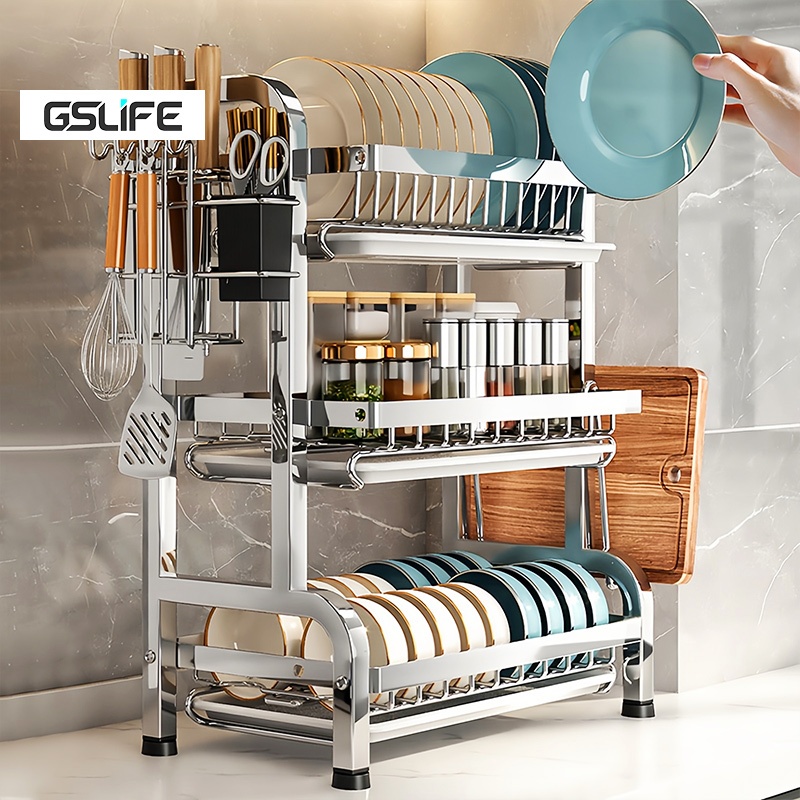 GSlife  Kệ nhà bếp đa năng 2/3 tầng khay hứng nước tháo rời, thép không gỉ 304 bền