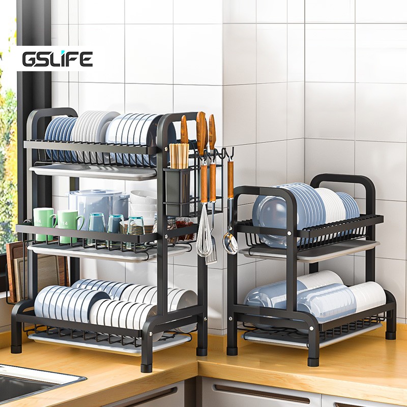Gslife Kệ Để Bát Đĩa 2/3 Tầng Thép Carbon Cao Cấp - Khay Hứng Nước, Chống Tràn & Chống Gỉ Hiệu Quả