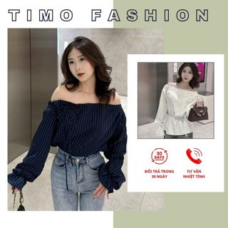 Áo kiểu nữ Timo, Áo sơ mi trễ vai kẻ sọc phong cách thanh lịch chất vải mềm mại thoáng mát  AOT208