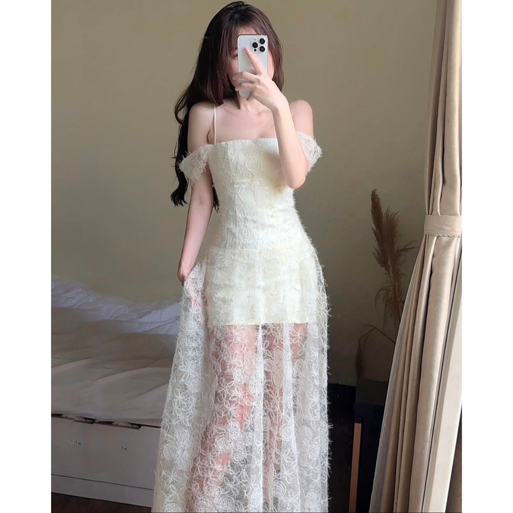   UnihomePREMIUM   40-80kg  Đầm Váy Maxi 2 Dây Ren Lông Vũ Dáng Dài Mặc Đi Tiệc  Có BigSize  CQ309 