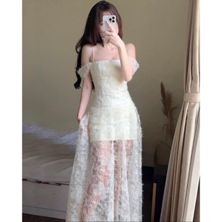 (UnihomePREMIUM) (40-80kg) Đầm Váy Maxi 2 Dây Ren Lông Vũ Dáng Dài Mặc Đi Tiệc (Có BigSize) CQ309