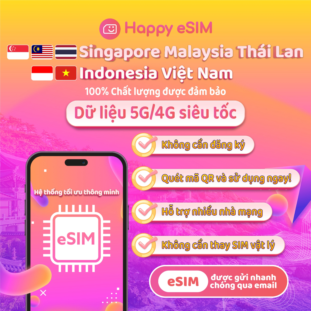 Happyesim eSIM Singapore Malaysia Thái Lan Indonesia Việt Nam | Gói dung lượng 3GB–10GB | Gửi QR qua
