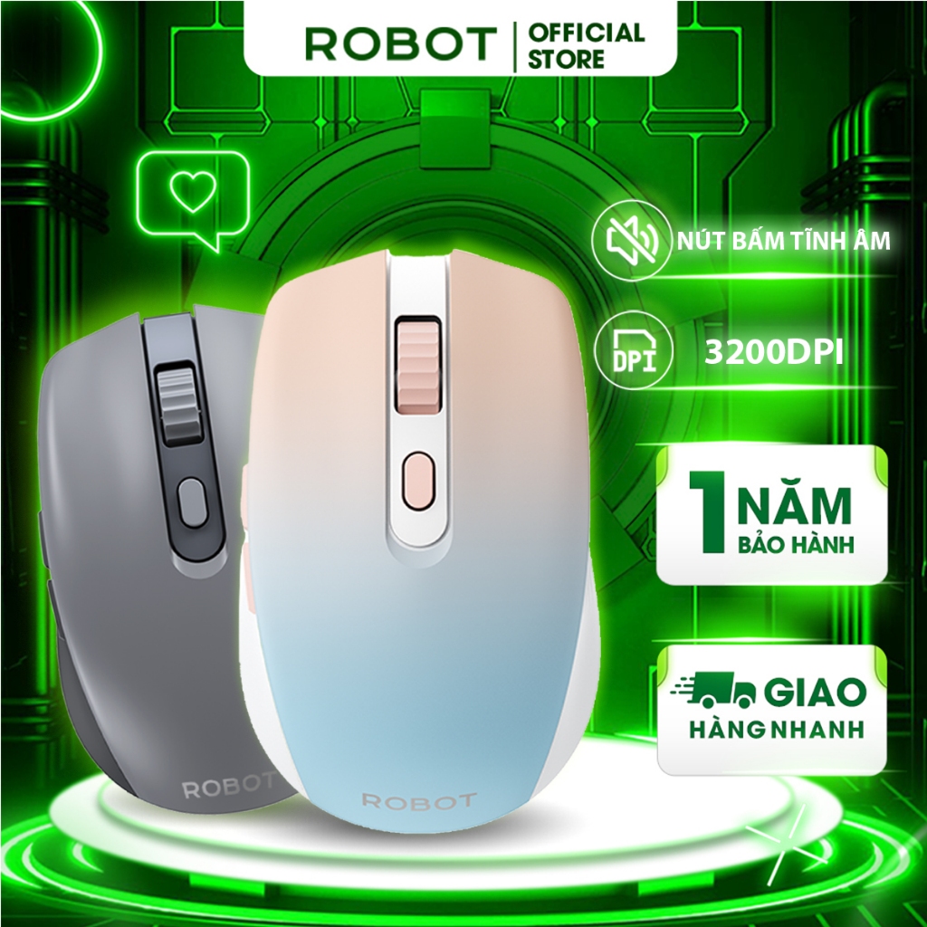 Chuột Quang Không Dây Tĩnh Âm ROBOT M370 Màu Hồng/ Màu Xám 3200 DPI Cảm Biến Quang Học Khoảng Cách Tín Hiệu 20m | BigBuy360 - bigbuy360.vn