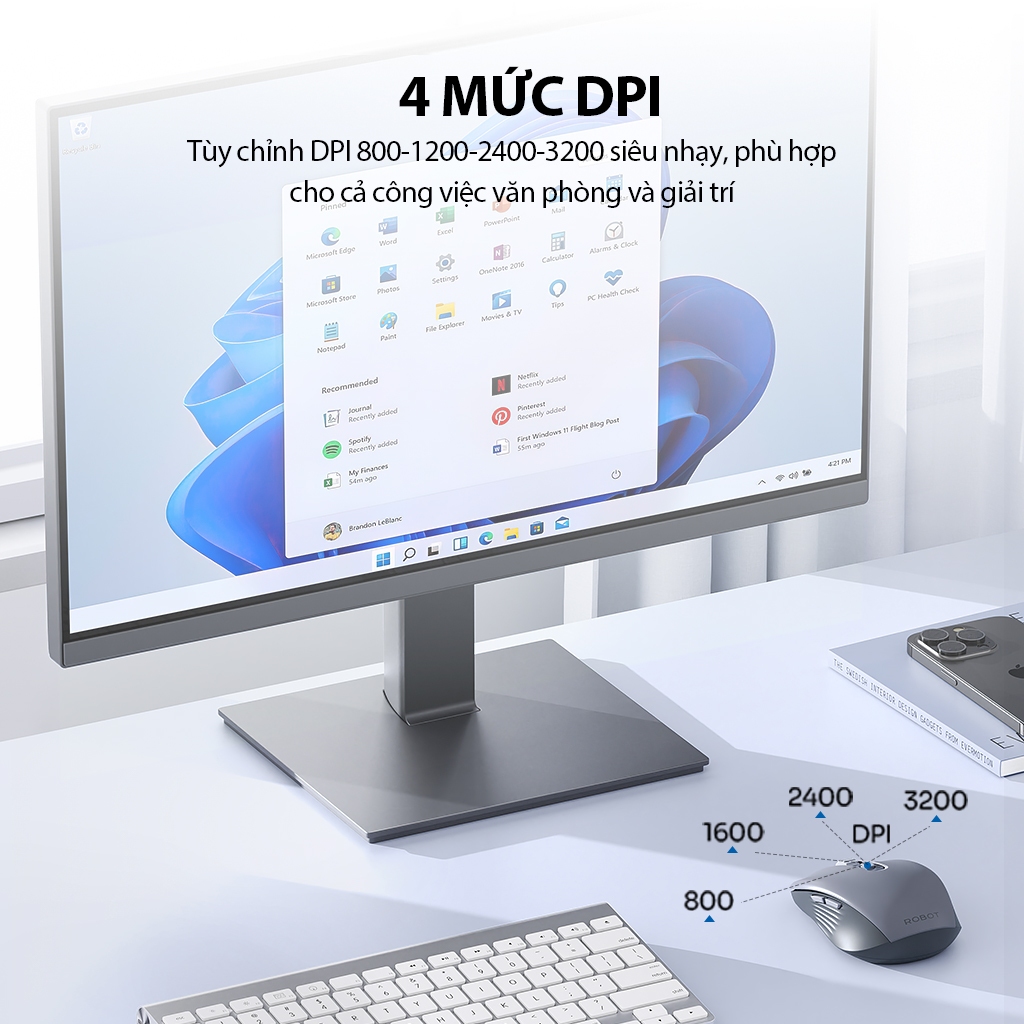 Chuột Quang Không Dây Tĩnh Âm ROBOT M370 Màu Hồng/ Màu Xám 3200 DPI Cảm Biến Quang Học Khoảng Cách Tín Hiệu 20m | BigBuy360 - bigbuy360.vn