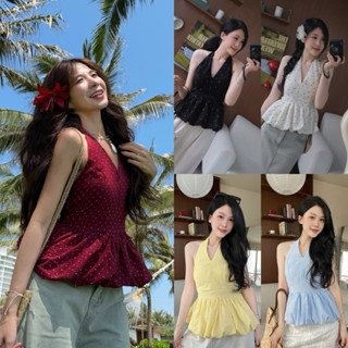 (SẴN MÚT) Áo cổ yếm hoạ tiết bo chun xoè dáng bí peplum Áo Kiểu Nữ the.sweaterweather TSW