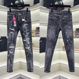  Quần jean bò nam PB slimfit đen khói khoá lệch rách xước trần chỉ vảy sơn 4 cúc tag hồng boy phố QJ712P 