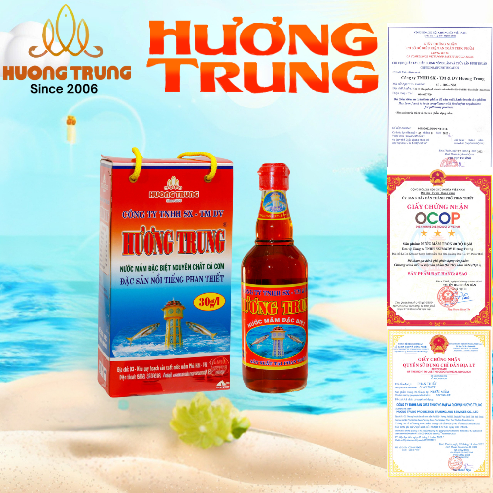 Nước mắm cá cơm Hương Trung chai thủy tinh 500ml đặc sản Phan Thiết hương vị đậm đà dùng chấm và nấu