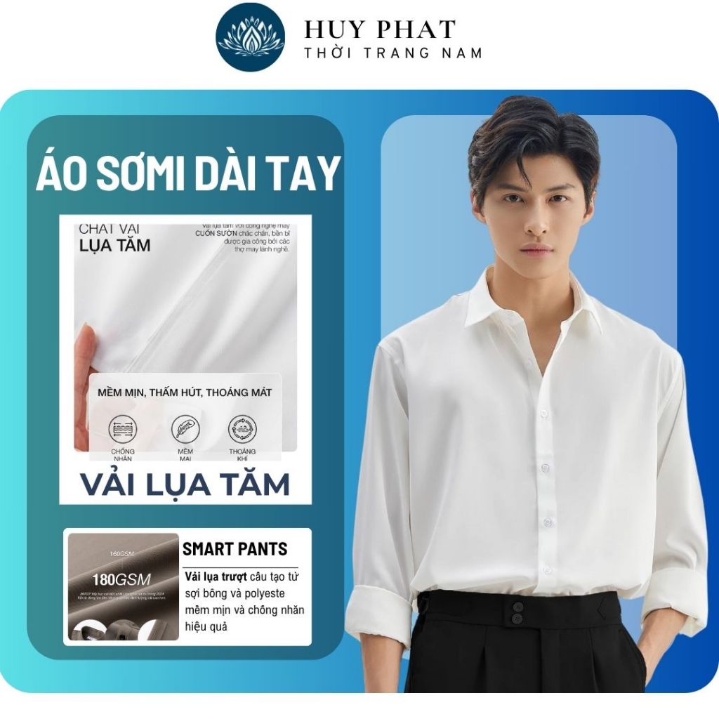 Áo sơ mi nam tay dài cổ đứng chất lụa hàn không nhăn kiểu dáng lịch sự dễ dàng phối đồ