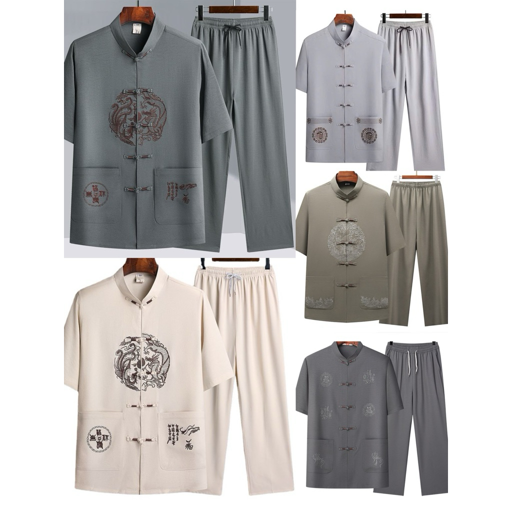Bộ quần áo trung niên nam phong cách sang trọng, Bộ mặc nhà cổ tàu nhẹ mát thêu long phượng sum vầy, thêu họa tiết