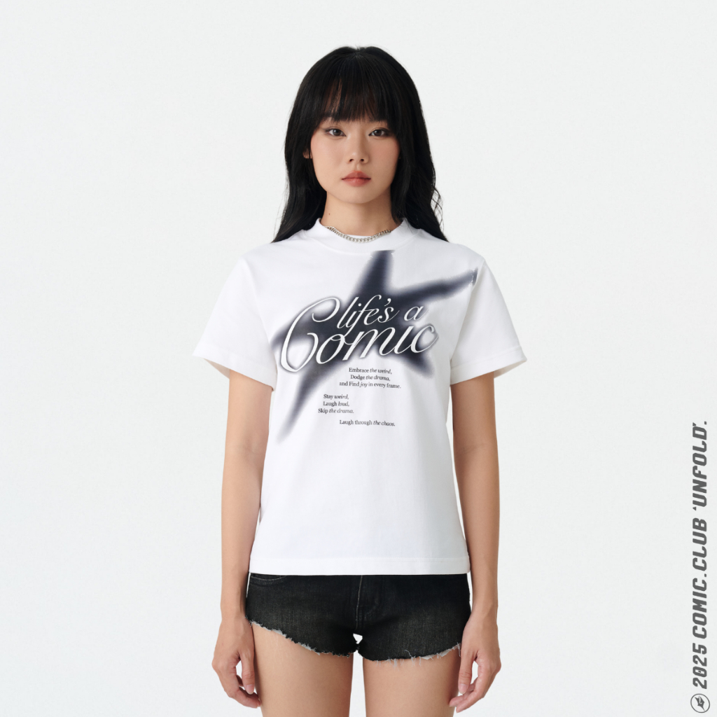 Áo thun BabyTee nữ 'life's a Comic ' trắng tay ngắn 100% Cotton 2 chiều - COMIC