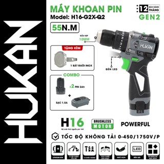 Máy khoan pin HUKAN H16-G2X-Q2 hoặc H16-G2C-Q2, Động cơ Không chổi than, Lực siết 55Nm, 3 Chức năng, 10mm