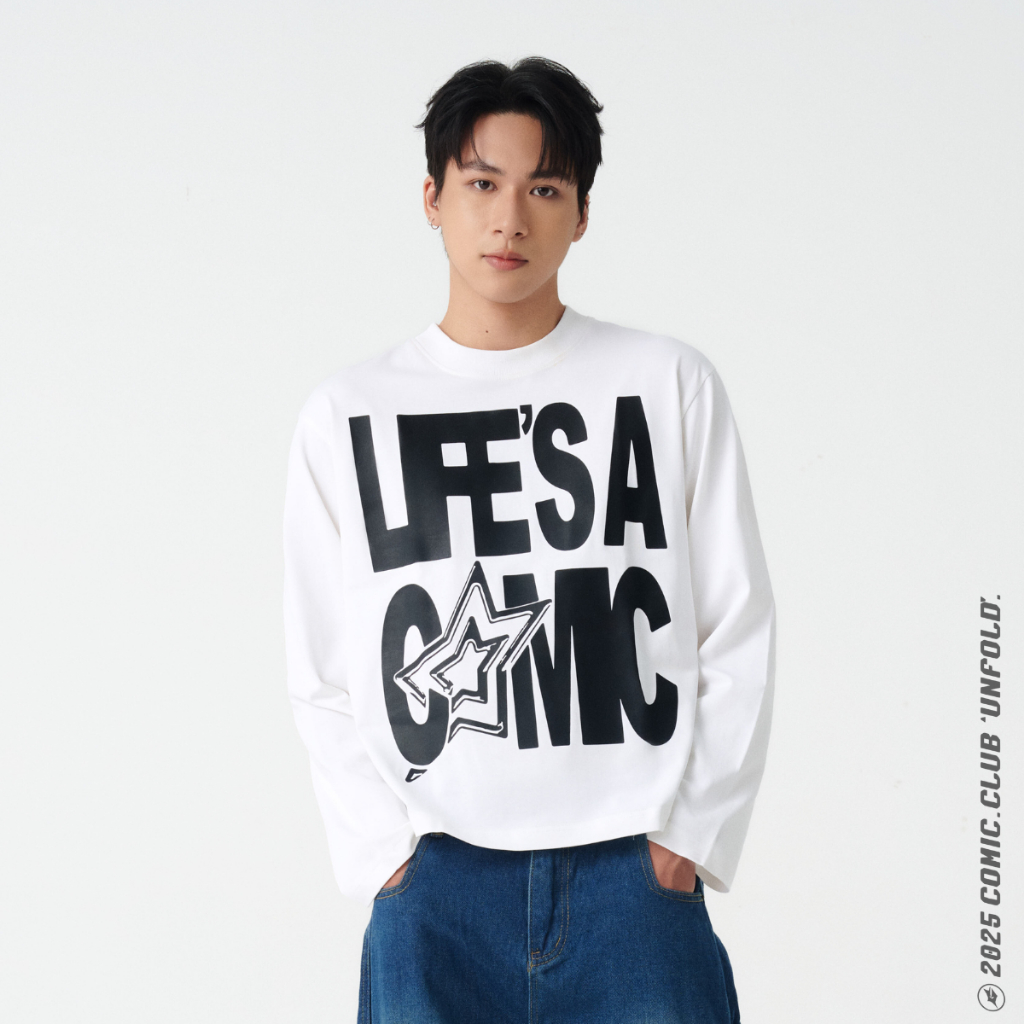 Áo thun boxy nam 'life's a Comic ' trắng tay dài 100% Cotton 2 chiều - COMIC
