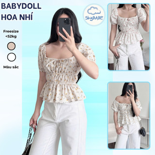 Áo Babydoll Linen Kiểu Xinh Tay Phồng Họa Tiết Hoa Bo Thân Nơ Xinh Xắn, Form Công chúa Tiểu Thư - Skybabe.