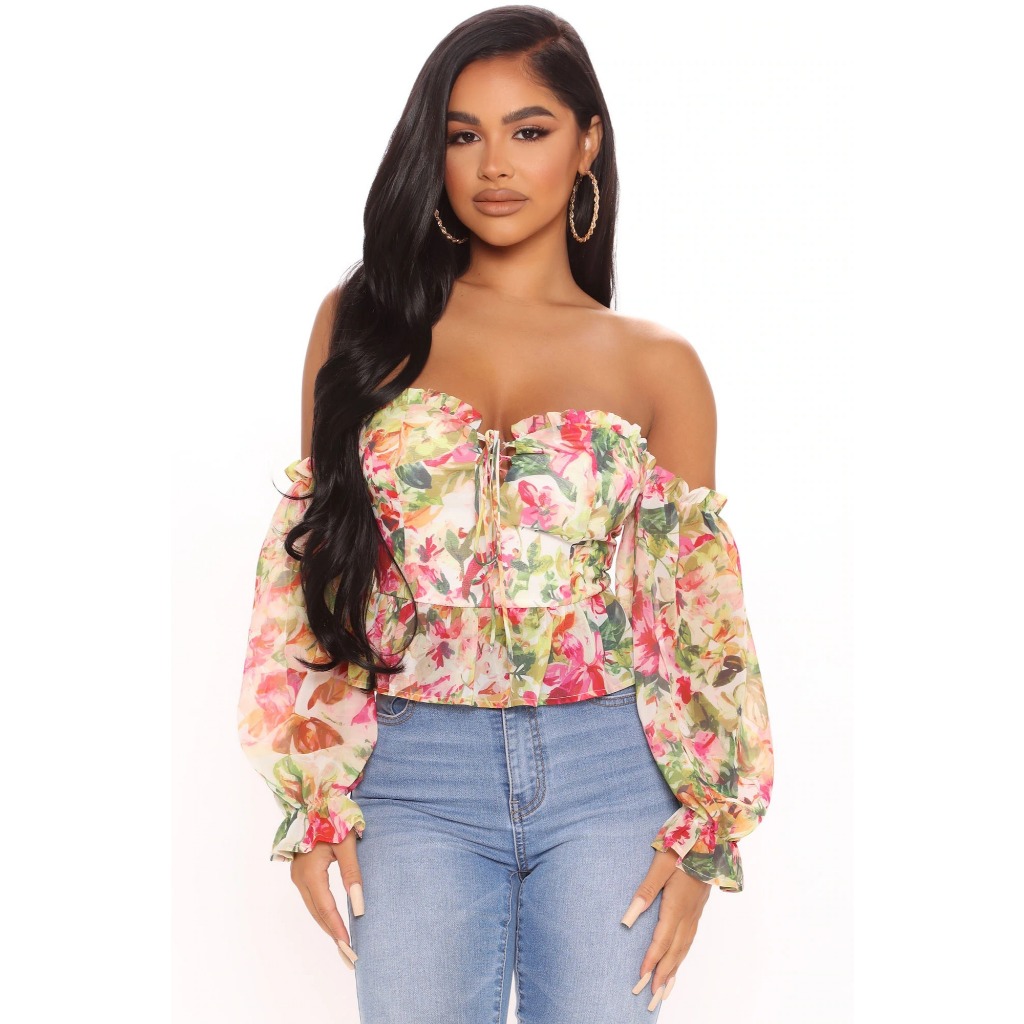 Áo Trễ Vai Flower You Của Fashion Nova Size L  - Màu Kem/combo