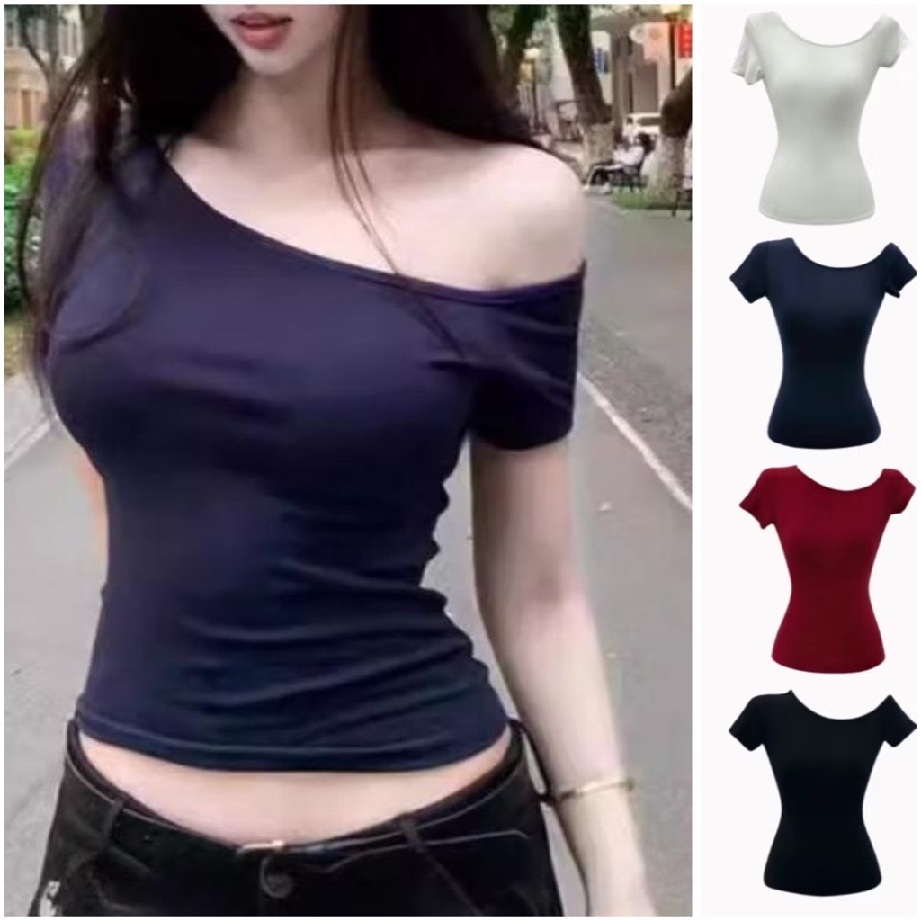 áo thun kiểu trễ vai tay ngắn ôm body tôn dáng chất thun gân tăm co giãn