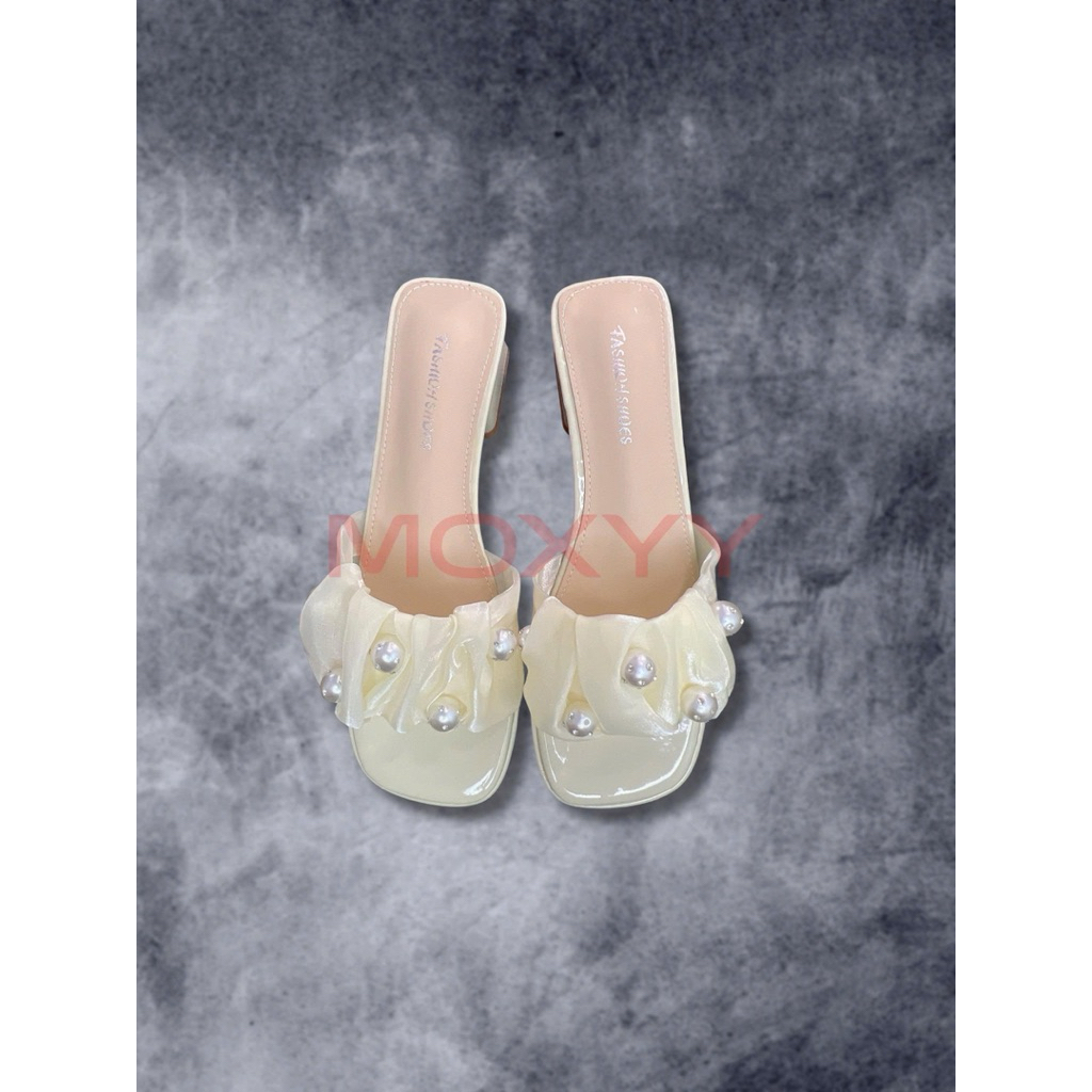 Guốc Nữ 3 Phân MOXYY Quai Ngang Lưới Ngọc Trai Đính Đá Sang Trọng, Dép Nữ Cao Gót, Guốc Đế Vuông