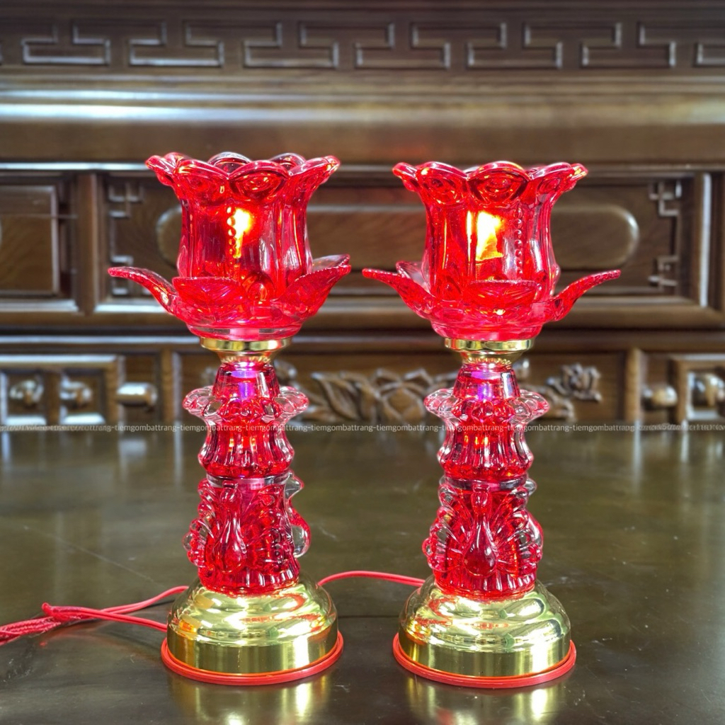Đèn thờ cúng để bàn thờ chất liệu thủy tinh cao 30cm, đèn cúng Phật, Quan Âm