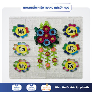  Hoa Khẩu hiệu trang trí lớp " Nói lời hay - Làm việc tốt" trang trí tường học kích thước A4 