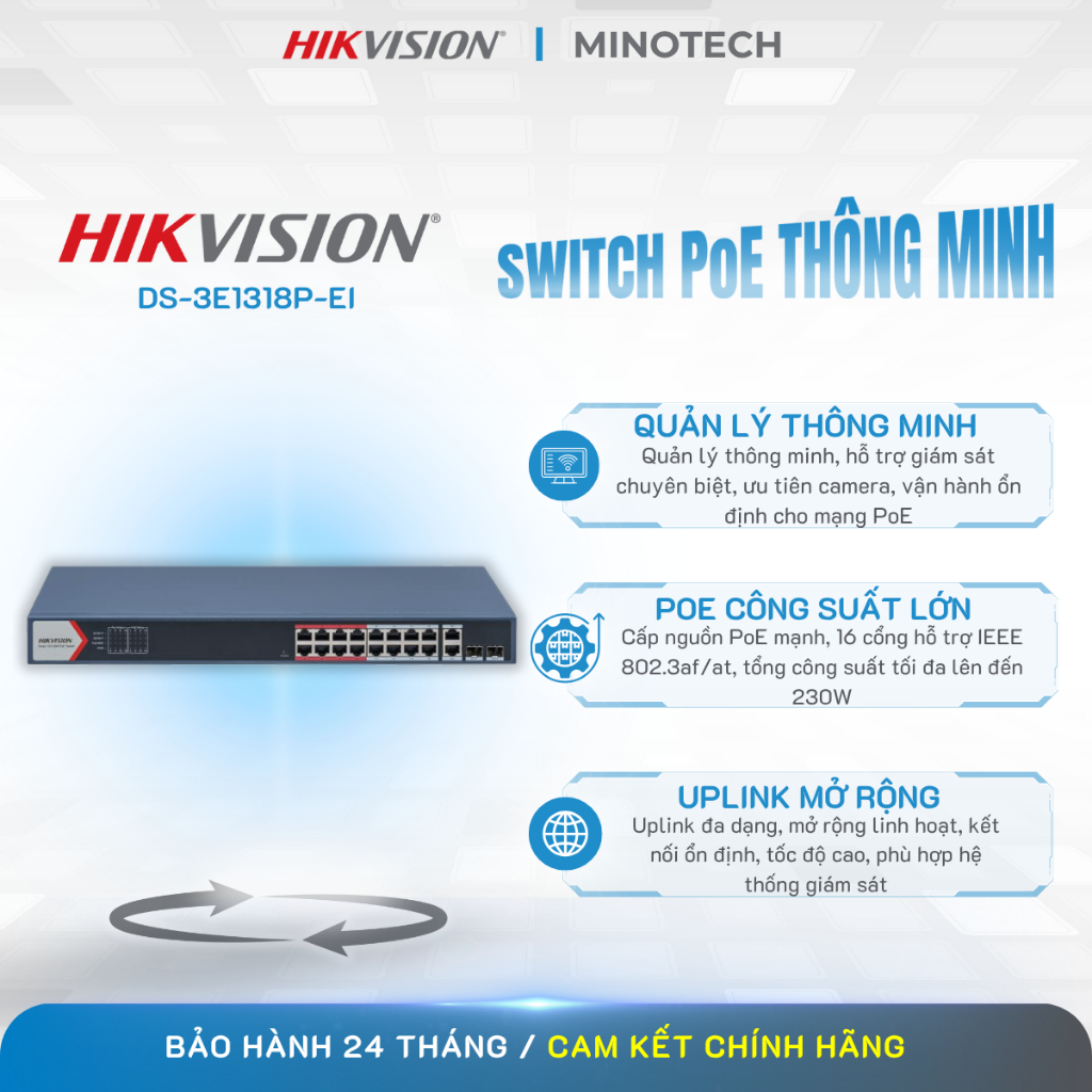 Switch Managed 230W 16 cổng PoE + 2 uplink RJ45+2 quang Gigabit Hikvision DS-3E1318P-EI