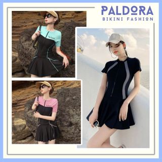 Đồ bơi nữ bikini liền thân và rời mảnh váy xòe đen đi biển áo tay ngắn kín đáo dễ thương có khóa kéo PALDORA084