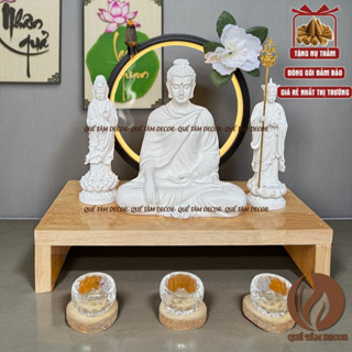  Tượng Phật Tam thánh Thích Ca  Quan Âm  Địa Tạng đứng kèm đèn led hào quang và kệ gỗ có chén nước trọn bộ như ảnh 