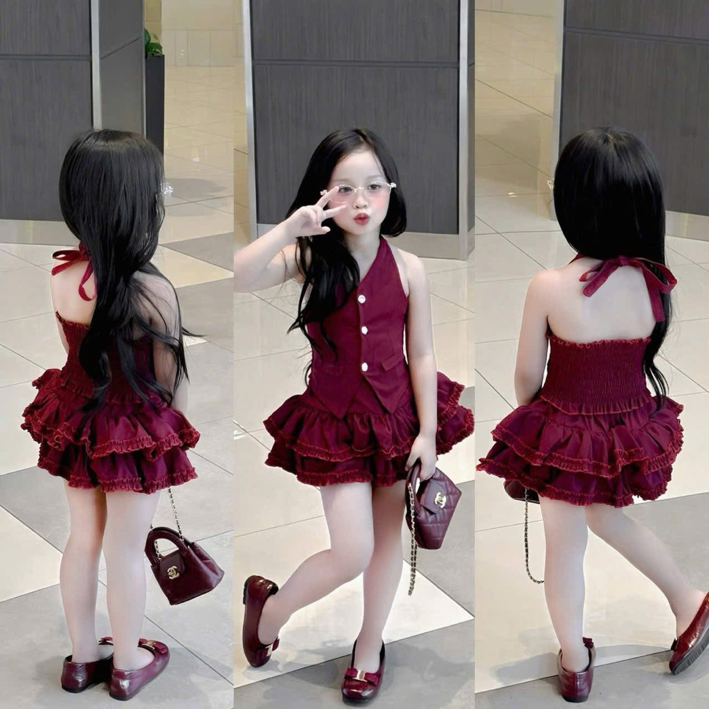  SET ÁO CỔ YẾM ĐỎ ĐÔ CHUN SAU + CHÂN VÁY XOÈ 2 TẦNG CHO BÉ GÁI 8-30kg 