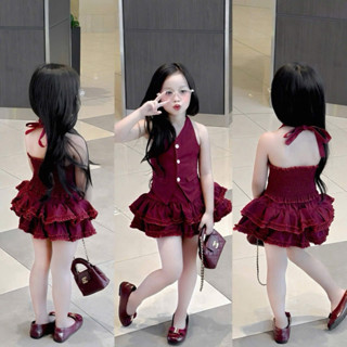  SET ÁO CỔ YẾM ĐỎ ĐÔ CHUN SAU + CHÂN VÁY XOÈ 2 TẦNG CHO BÉ GÁI 8-30kg 