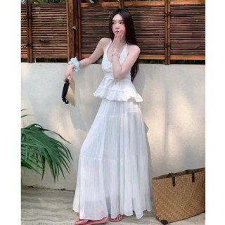 P239 - Set áo cổ yếm lưng chun ôm body phối ren bèo trắng mix chân váy maxi tơ xốp bồng bềnh đi chơi đi biển xinh