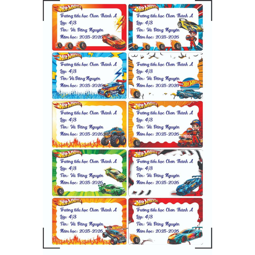 Nhãn vở Hot Wheel in tên theo yêu cầu