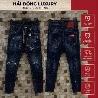 Quần Jean DSQ Xanh Tag Sắt D2 Vá Rách Vẩy Sơn Đính Tag Da Đỏ Sau Túi Nét Keng,Hàng Chuẩn Loại 1 Đầy Đủ Tem Mác